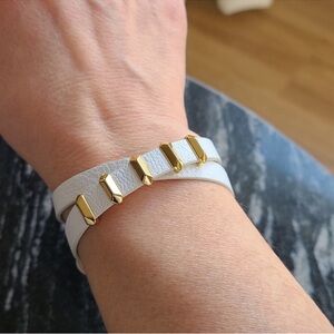 Stella & Dot Remy White Leather With Gold Tone Studs Buckle Wrap Bracelet